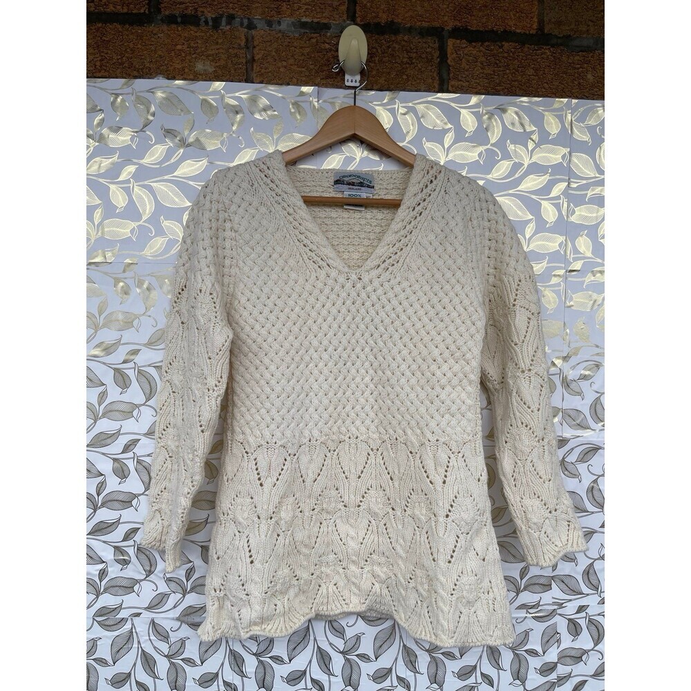 Aran Crafts Ireland 100% Merino Wool Lattice Lace V-Neck Sweater Cream XS